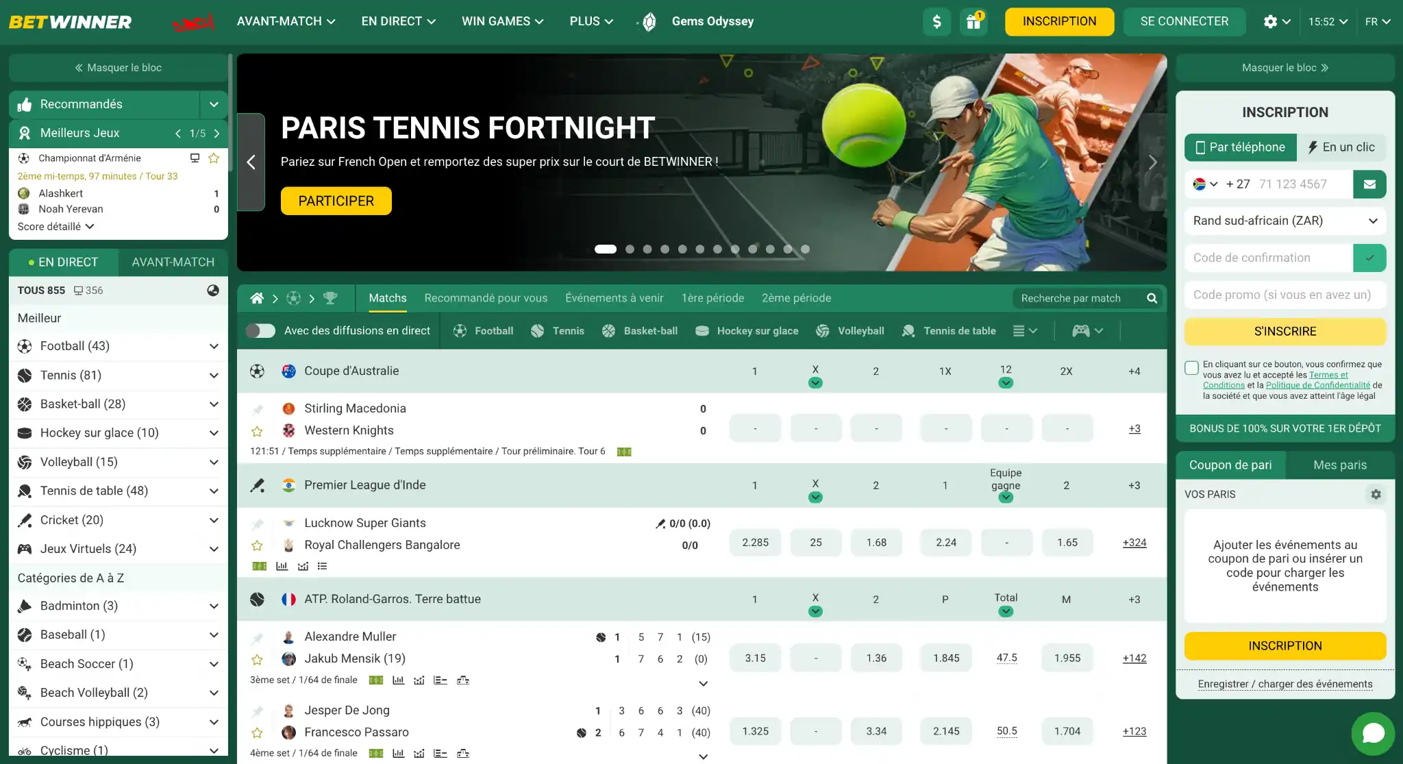 Page d'accueil Betwinner Côte d’Ivoire avec navigation intuitive